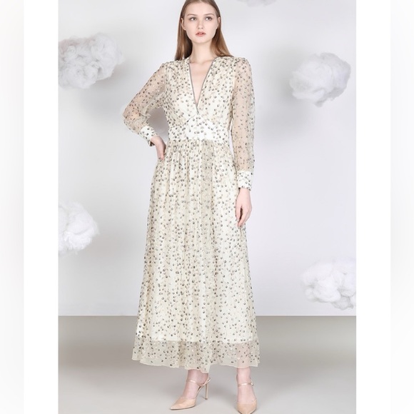 NWT Blank London Phileena Ivory Grey Metallic Wrap Maxi Dress Medium Reg. $372 - Picture 12 of 12